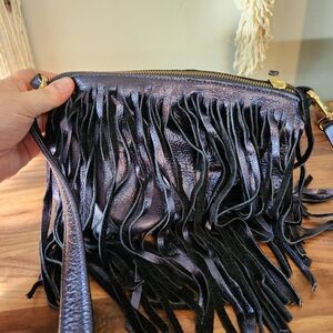 Satchel metallic sapphire fringe purse